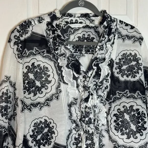 New York & Company Black And White Sheer Blouse, Ruffles, 100% Polyester, Large - Picture 3 of 10